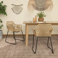 Set 2 Sedie da Pranzo Stile Boho da Interno in Rattan PE con Schienale Basso e Braccioli, Giallo