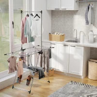 Stendibiancheria Verticale Pieghevole con Ali Regolabili 4 Supporti per Scarpe Barra e Ripiano 139x62,5x201 cm Argento