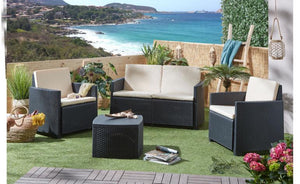 Salotto da giardino 4 Posti, 2 poltrone, 1 divano 1 tavolino in plastica effetto Rattan colore antracite Tomaino Sal 001