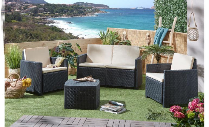 Salotto da giardino 4 Posti, 2 poltrone, 1 divano 1 tavolino in plastica effetto Rattan colore antracite Tomaino Sal 001