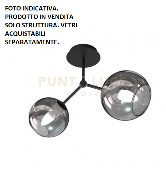SARA-PL2 N Lampada a soffitto 2 luci solo struttura nero opaco senza vetri attacco E14
