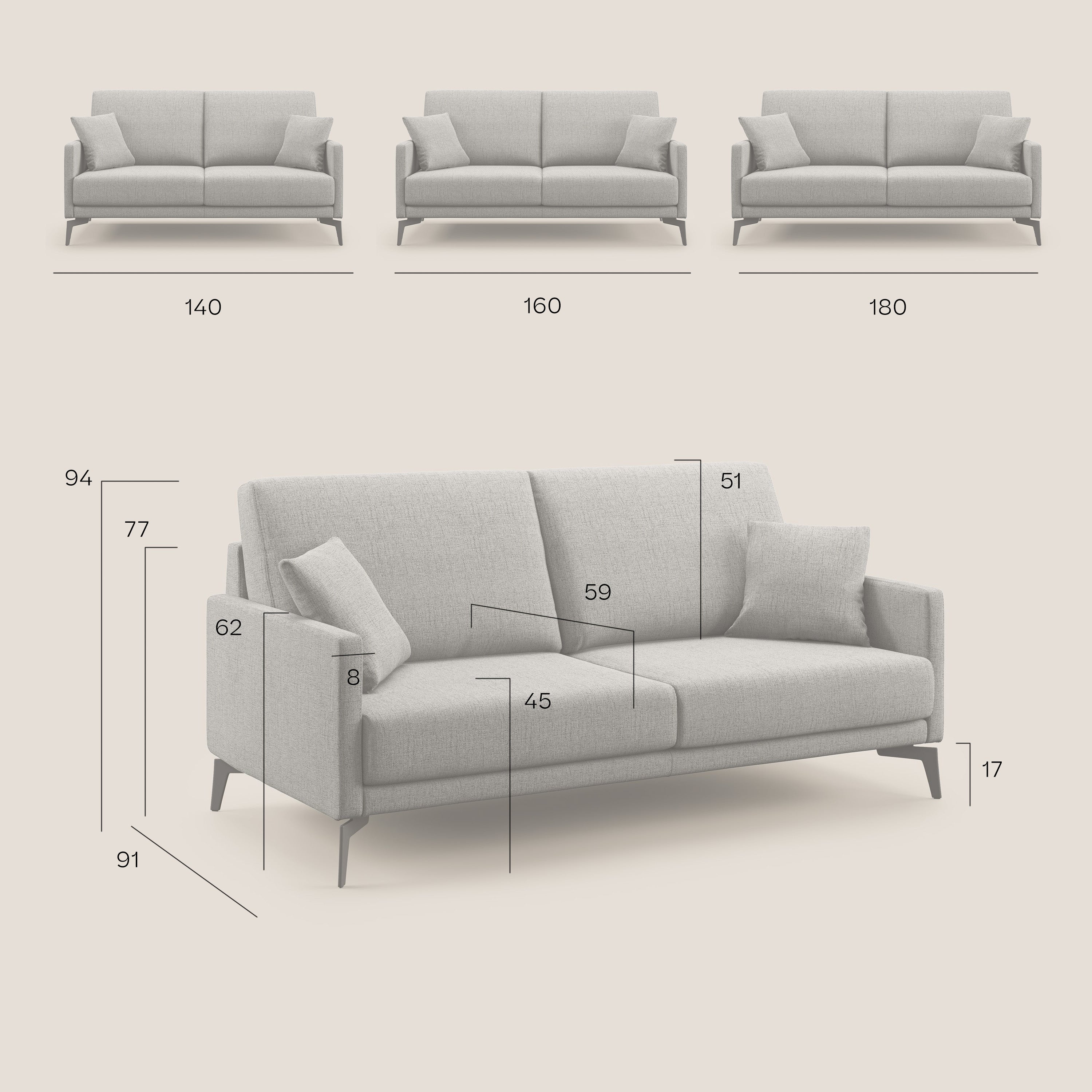 Divano 3 Posti 180x94x90 cm in Tessuto Beige