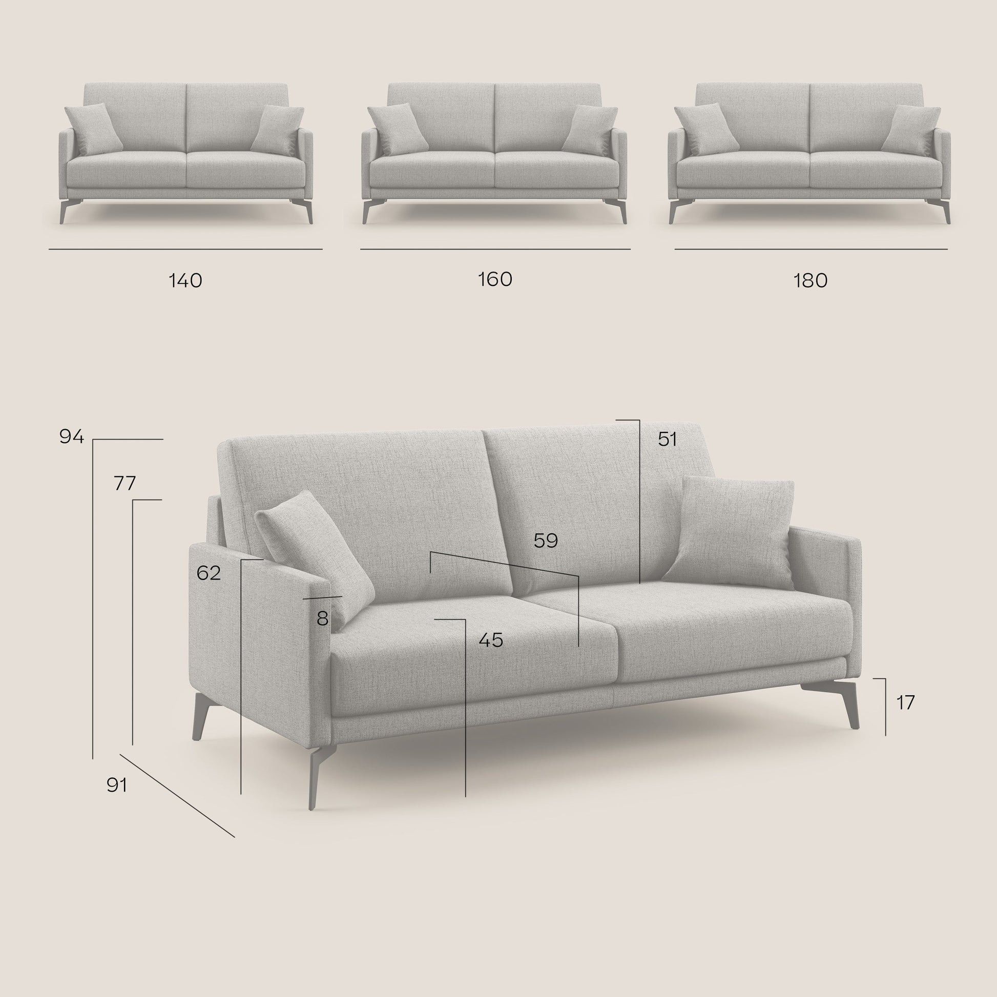 Divano 2 Posti 160x94x90 cm in Tessuto Grigio Chiaro