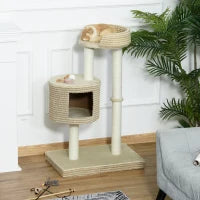 Albero Tiragraffi per Gatti Multi-livello, 2 Piattaforme, 1 Casetta e Corde in Juta, 61x41x96 cm, Beige