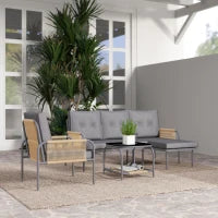 Salotto da Giardino 4 Pezzi in Rattan con Divano, Chaise Longue, Poltrona e Tavolino con Cuscini, Grigio