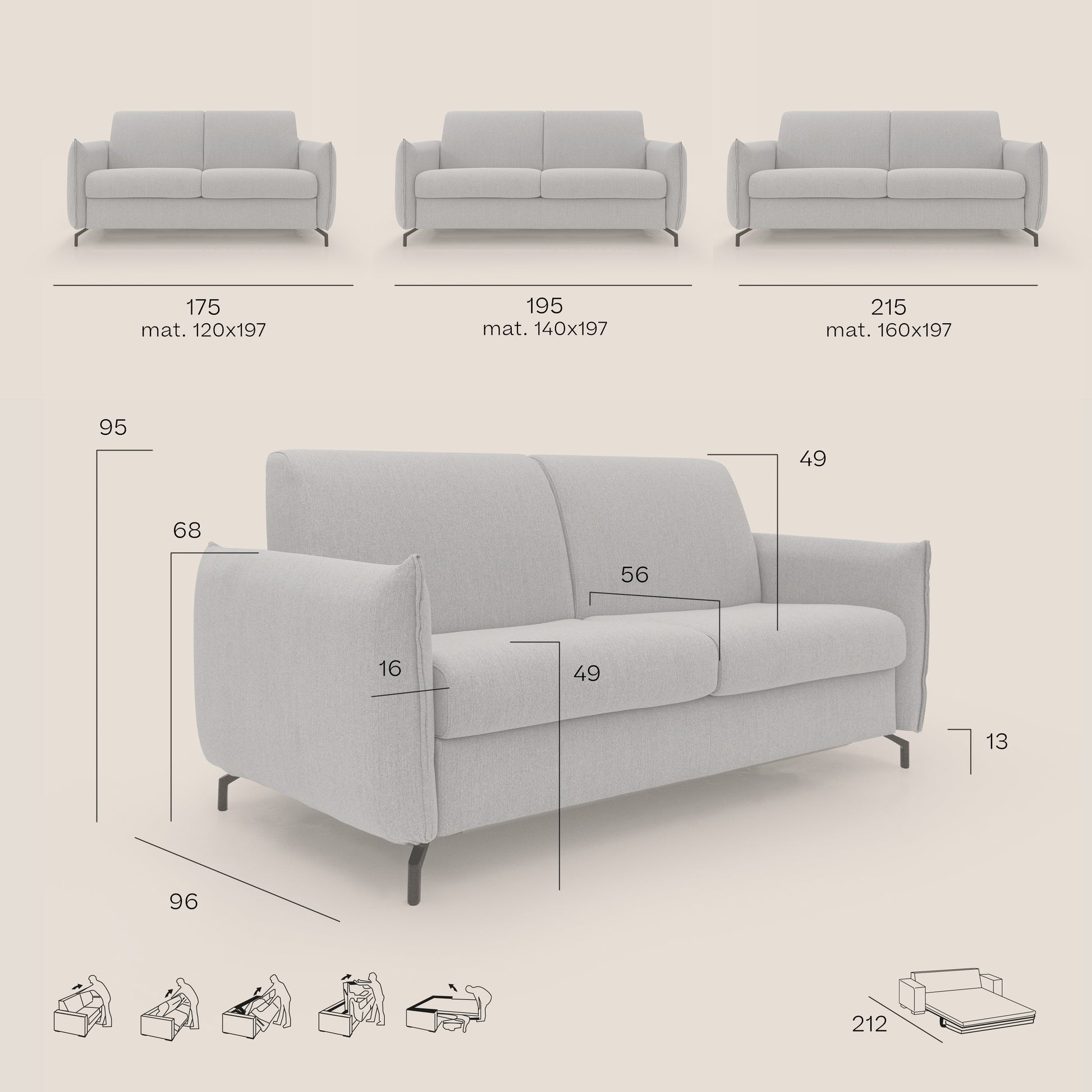 Divano Letto 3 Posti 195x95x96 cm in Tessuto Salmone