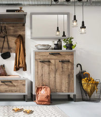 Scarpiera stile industry con 2 ante e 1 cassetto, cemento e rovere invecchiato, made in Italy, ZCMSCARP67204