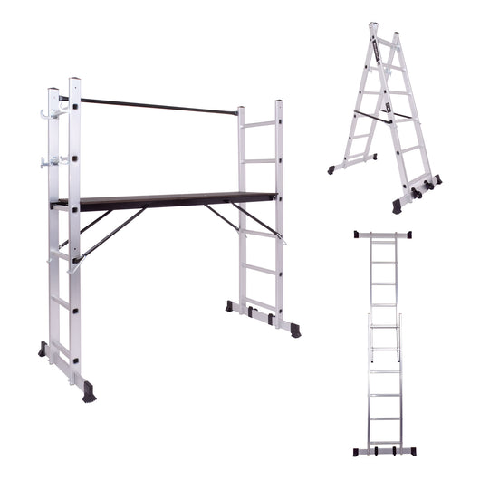 RIG 100 - Impalcatura Multifunzione Trabattello 3 in 1 H165,5 cm Scala in Alluminio con Ruot 