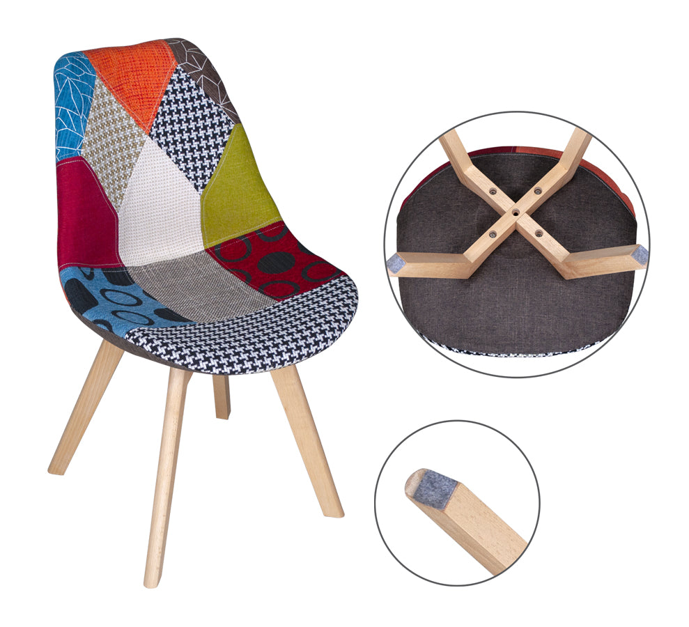 Sedia imbottita in tessuto patchwork con gamba in legno mod. Mia SD100MIPTW