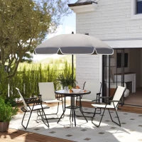 Set da Giardino 6 Pezzi in Acciaio con 4 Sedie Pieghevoli, Ombrellone e Tavolo Rotondo, Crema, Grigio e Nero