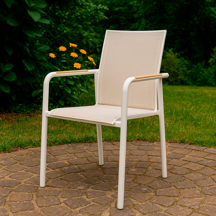 SINED Sedia Giardino Impilabile Bianca in Alluminio e Tessuto Design Moderno e Funzionale Codice SEDIA-GIARDINO-CHIERI-BIANCA