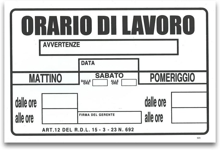 SEGNALETICA ORARIO DI LAVORO 30X20
