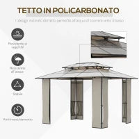 Gazebo da Giardino 3.7x3m con Tetto in Policarbonato a 2 Livelli, Acciaio e Alluminio, Marrone