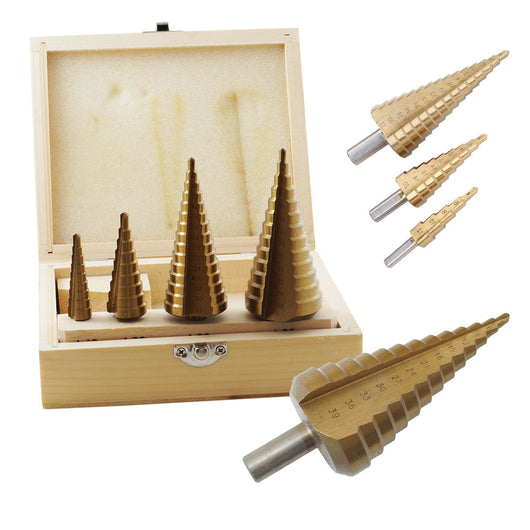 SET 4 PUNTE FRESE CONICHE A SCALINO GRADINI ALLARGA FORI 4-39 MM