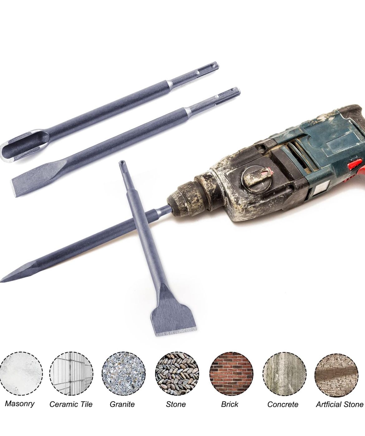 SET 4 SCALPELLI SDS PLUS 2 SPATOLA 1 A PUNTA 1 FORMA DI U MARTELLO DEMOLITORE