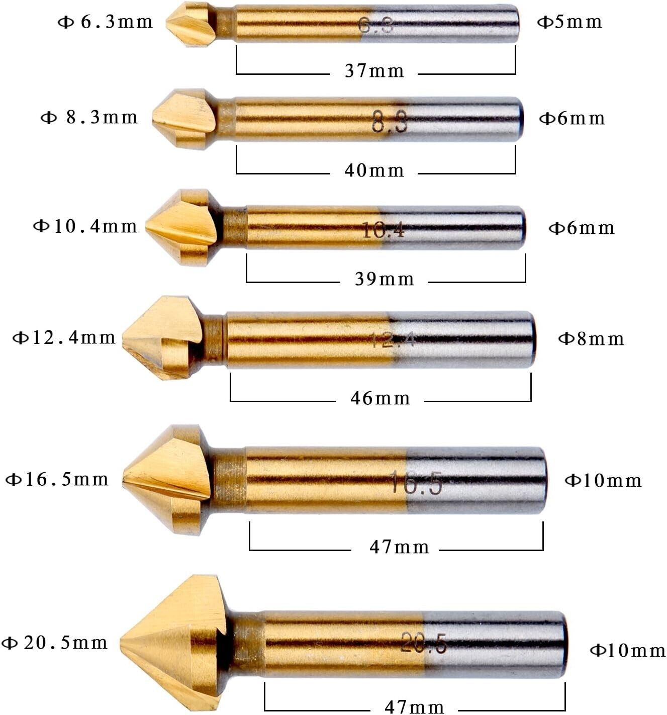SET 6 PUNTE PER SVASATURA HSS PER TRAPANO 6,3mm 8,3mm 10,4mm 12,4mm 16,5mm 20,5