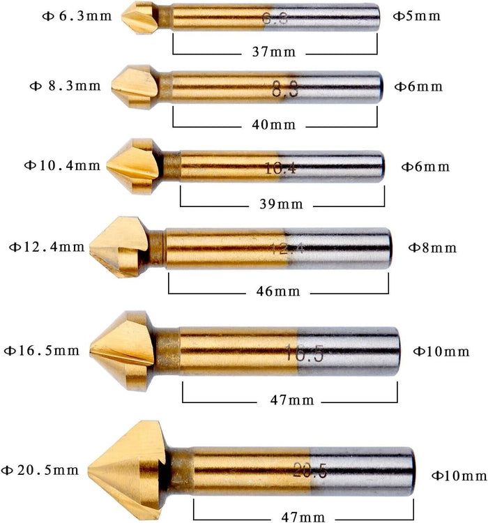 SET 6 PUNTE PER SVASATURA HSS PER TRAPANO 6,3mm 8,3mm 10,4mm 12,4mm 16,5mm 20,5