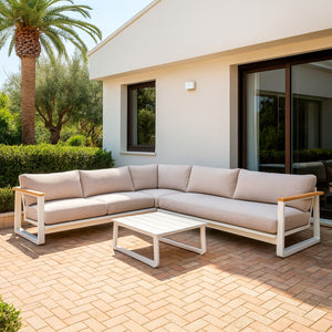 SINED Set Divano Angolo 6 Posti in Alluminio e Teak FSC con Cuscini Idrorepellenti 2 Tavolini Abbinati Colore Crema Uso Esterno-Interno - Modello BRA