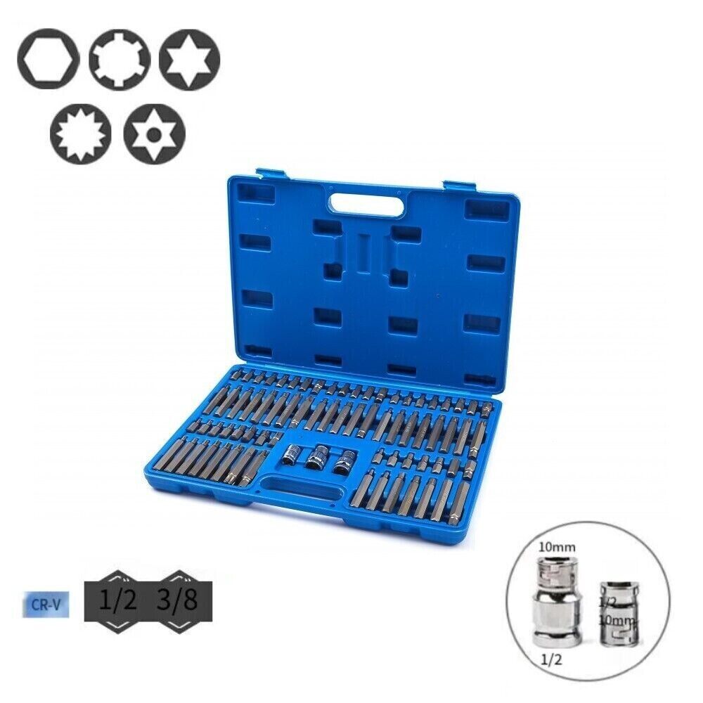 SET INSERTI 75 PEZZI TORX RIBE ESAGONALI MILLERIGHE ACCIAIO CRV 1/2" 3/8"