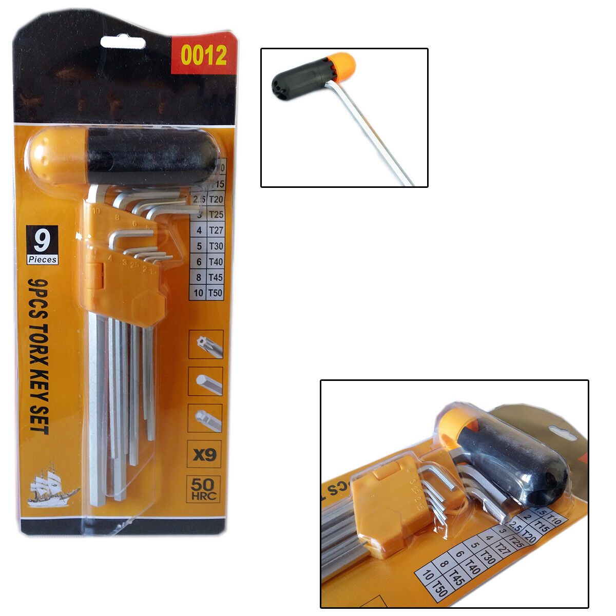 SET KIT 9 CHIAVI ESAGONALI LUNGHE AD ELLE MANICO MANDRINO FORATO DA T10 A T50