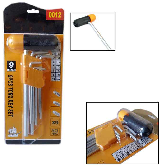 SET KIT 9 CHIAVI ESAGONALI LUNGHE AD ELLE MANICO MANDRINO FORATO DA T10 A T50