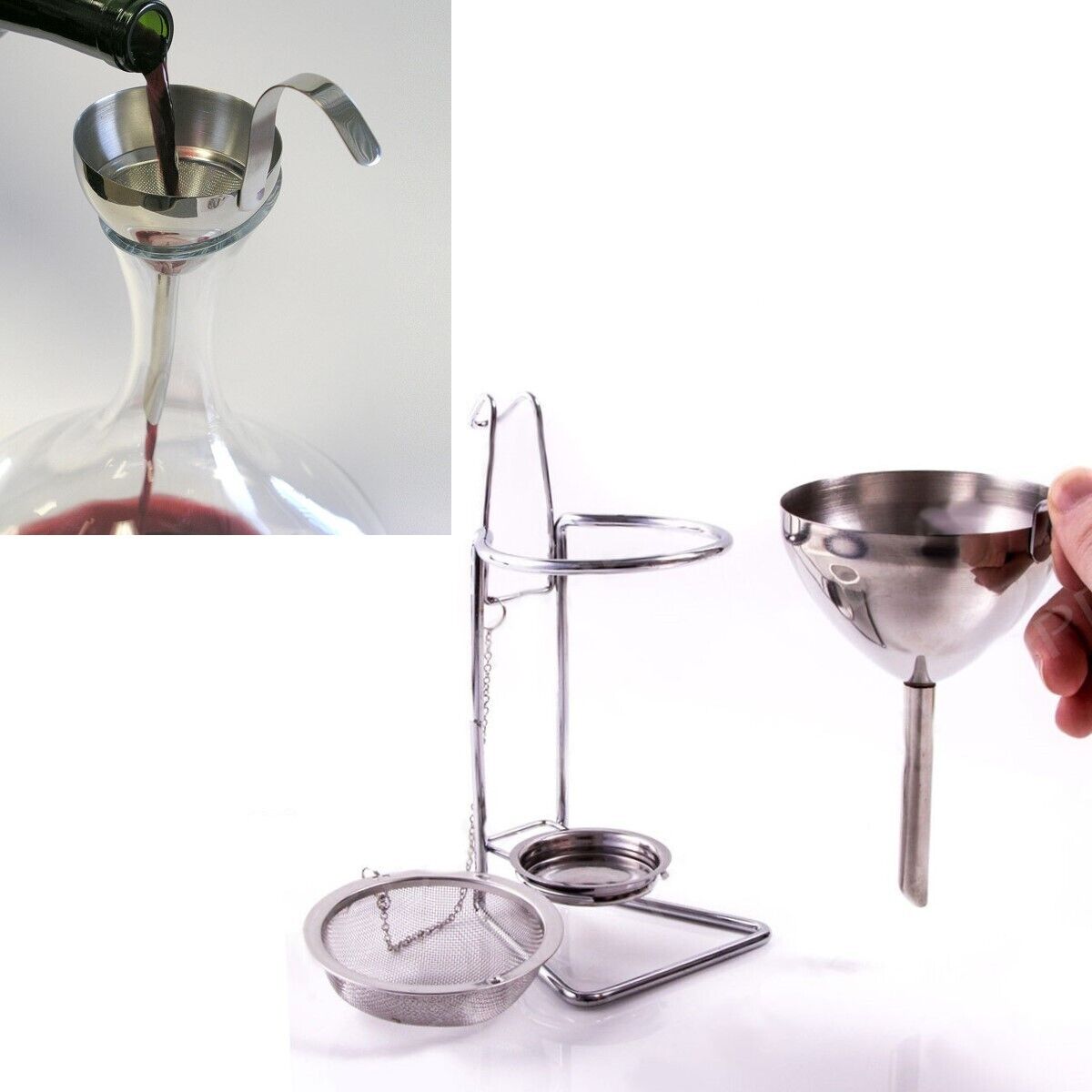 SET PER TRAVASO DECANTARE VINO RIMUOVI SEDIMENTI SETACCIO IN ACCIAIO 95489