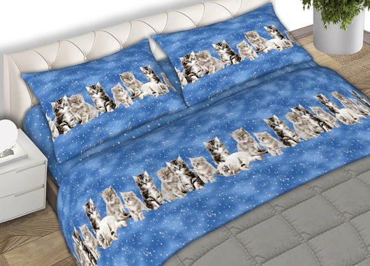 Completo Lenzuola Letto In 100% Cotone Made In Italy Vari Disegni C.N - 2 Piazze - Gattini Blu