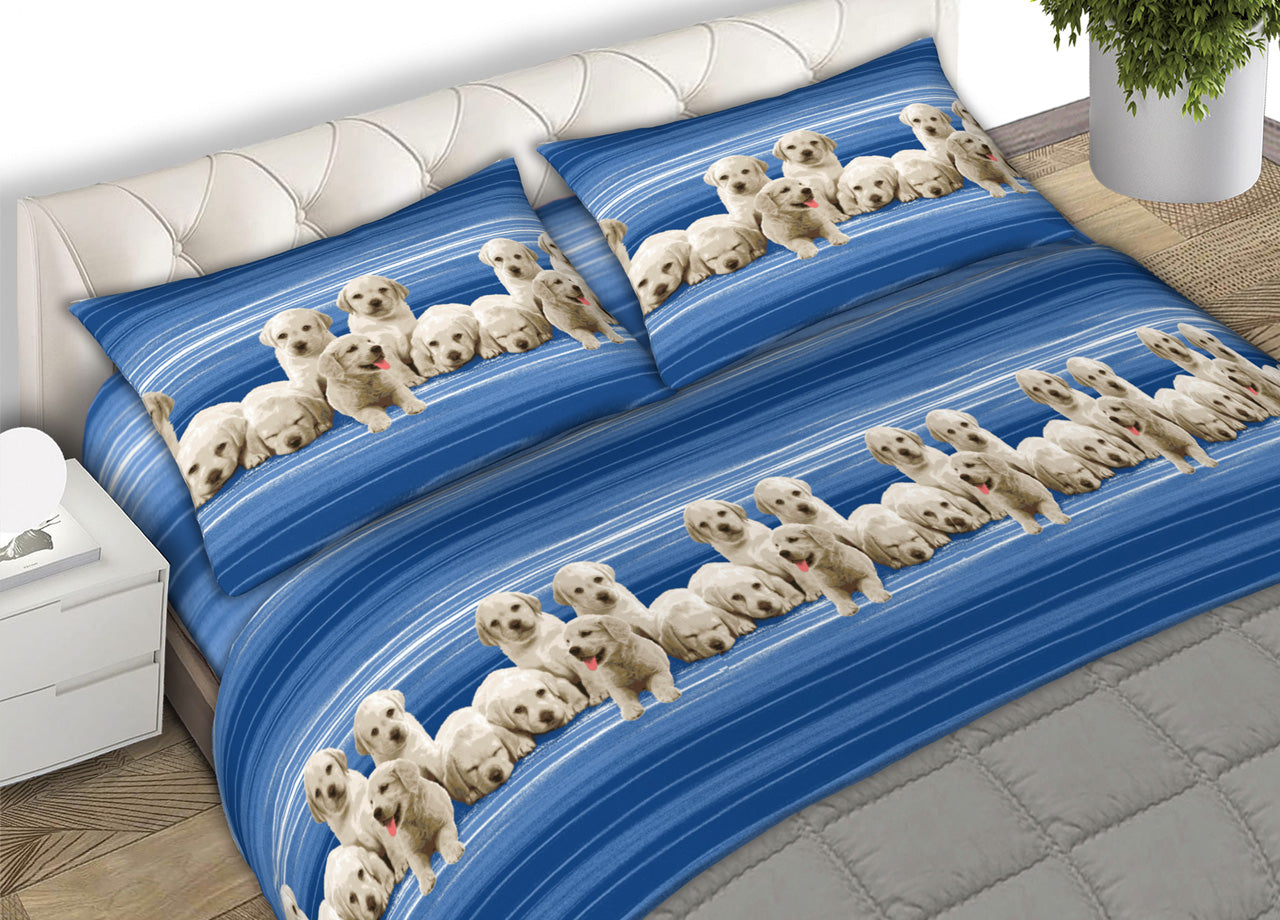 Completo Lenzuola Letto In 100% Cotone Made In Italy Vari Disegni C.N - 1 Piazza - Labrador Blu