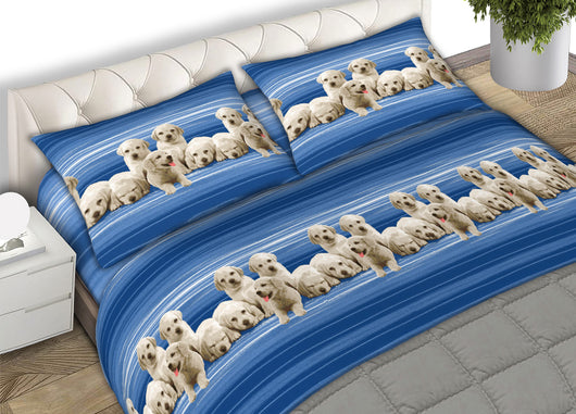 Completo Lenzuola Letto In 100% Cotone Made In Italy Vari Disegni C.N - 1 Piazza - Labrador Blu