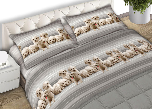 Completo Lenzuola Letto In 100% Cotone Made In Italy Vari Disegni C.N - Piazza E Mezza - Labrador Grigio