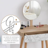 Toeletta Tavolo da Trucco con Specchio Circolare Ф39cm, Consolle Trucco con Cassetto con Decorazione Jungle, Bianco e Rovere, 70x39x119-128cm