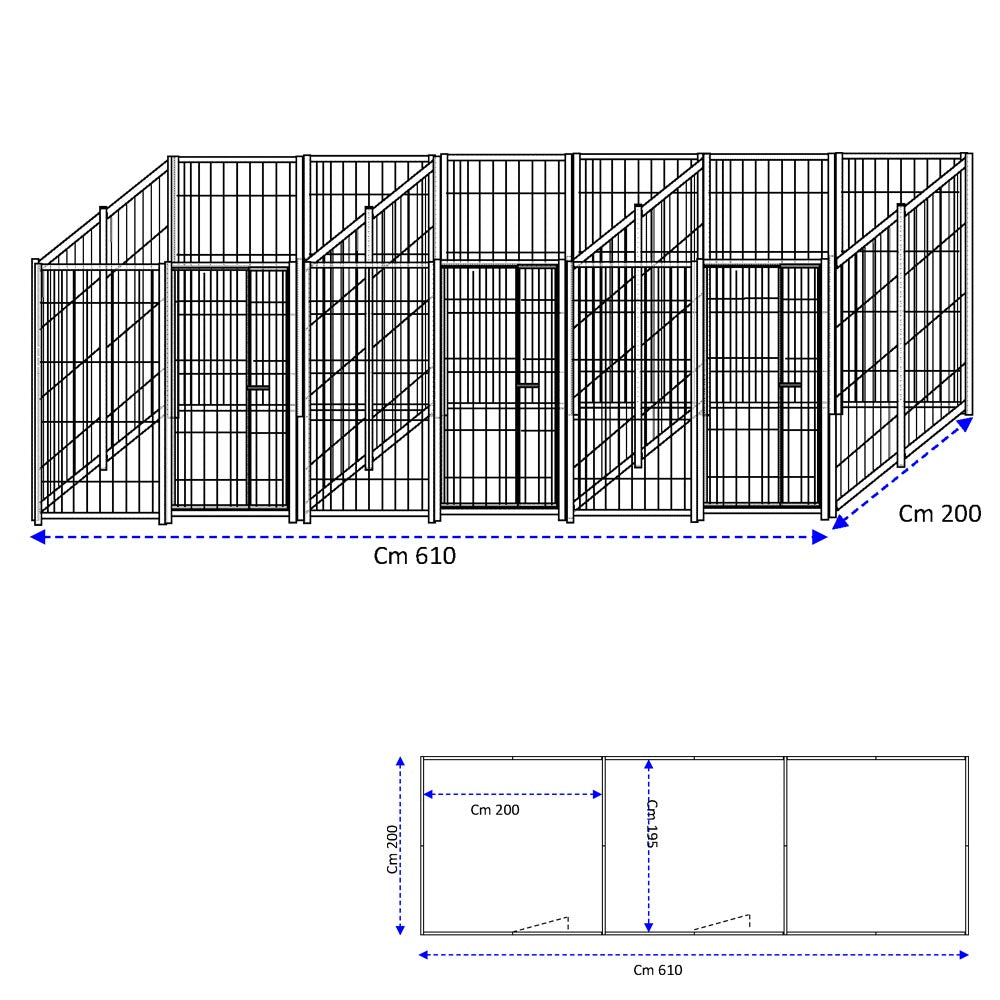 3 box in linea in rete per cani perimetrali ciascuno da 2x2 metri con zincatura a caldo