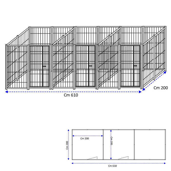 3 box in linea in rete per cani perimetrali ciascuno da 2x2 metri con zincatura a caldo