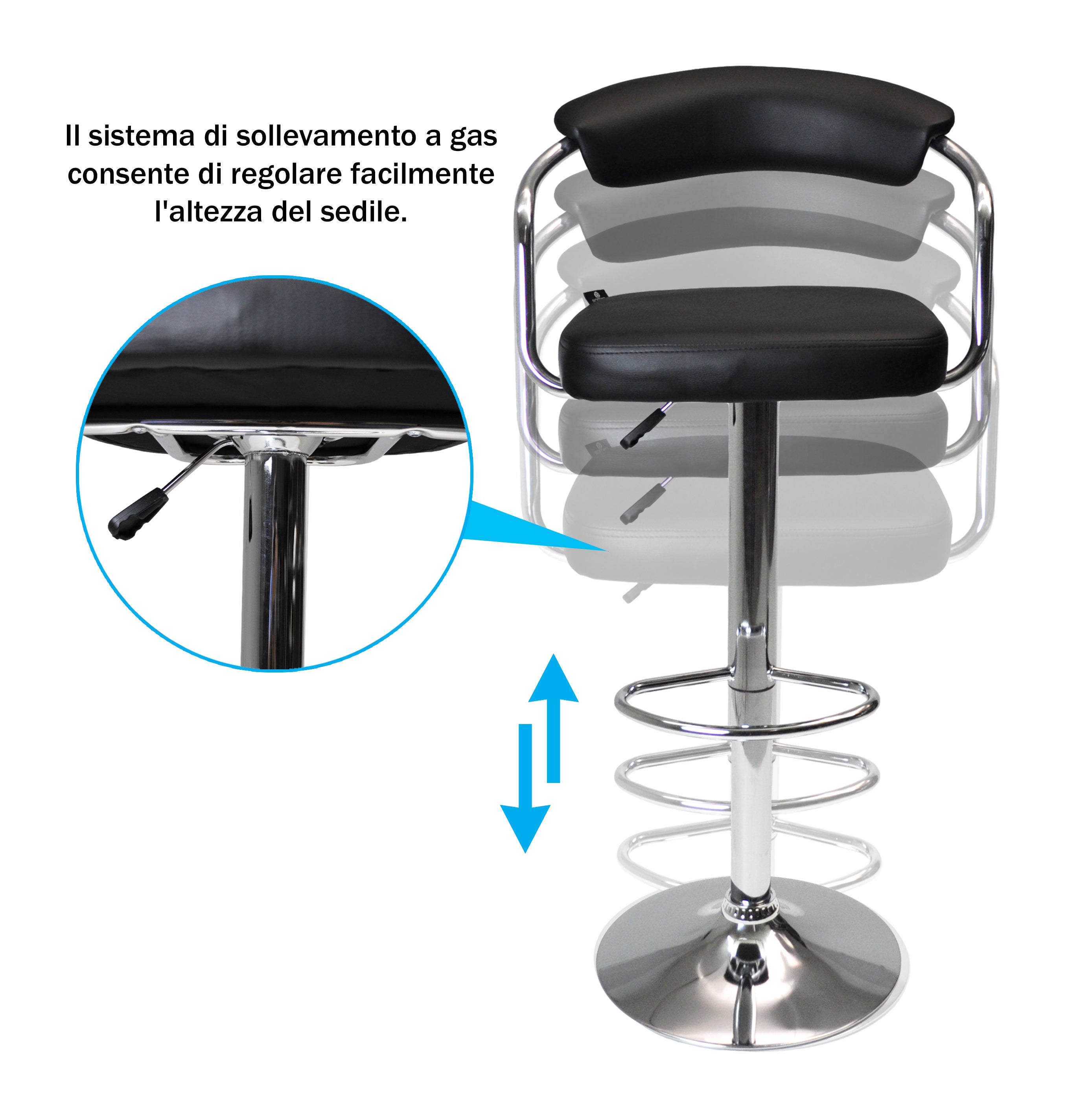 Sgabello da bar cucina con schienale e braccioli regolabile girevole in ecopelle nero - Nuoro - SG-10ENU