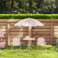 Set da Giardino per Bambini 2-5 Anni con Tavolino Rotondo, 2 Sedie Pieghevoli e un Ombrellone, Rosa