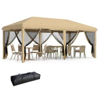 Gazebo da Giardino 6x3m Pieghevole con Zanzariera, Altezza Regolabile e Borsa di Trasporto, Beige