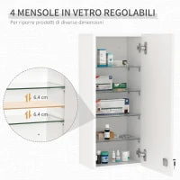 kleankin Armadietto Medicinali a Muro con Serratura, 5 Ripiani e Mensole Regolabili, in Legno e Vetro, Bianco, 30x20x70cm