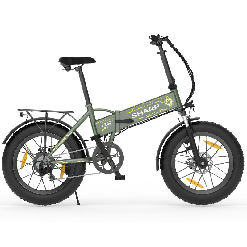 SHARP BILBAO (BK-FS08E-GY) FOLDABLE FAT E-BIKE (YELLOW/GREEN) - BICICLETTA ELETTRICA - RUOTE 20""X4"" - MOTORE 250W 36V - BATTERIA 36V 10AH CERTIFICATA - TELAIO IN ALLUMINIO - AUTONOMIA FINO AD 80KM - FORCELLA AMMORTIZZATA