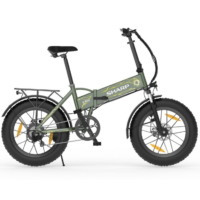 SHARP BILBAO (BK-FS08E-GY) FOLDABLE FAT E-BIKE (YELLOW/GREEN) - BICICLETTA ELETTRICA - RUOTE 20""X4"" - MOTORE 250W 36V - BATTERIA 36V 10AH CERTIFICATA - TELAIO IN ALLUMINIO - AUTONOMIA FINO AD 80KM - FORCELLA AMMORTIZZATA