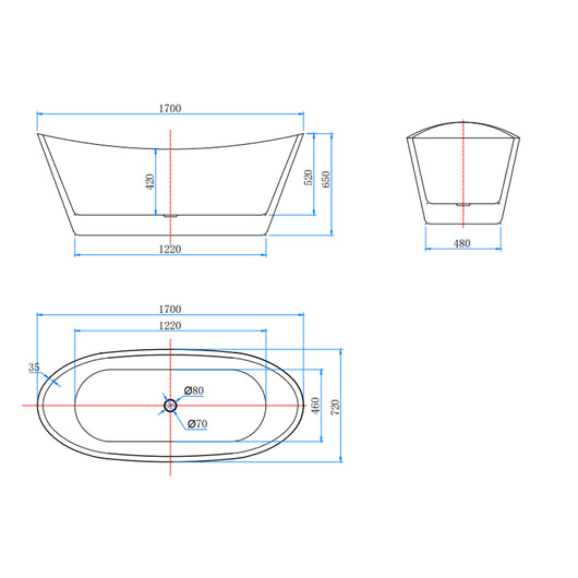 Vasca da Bagno a Isola Freestanding in Acrilico da 170x72x65 cm, Colore Bianco, Forma di Barca Ovale