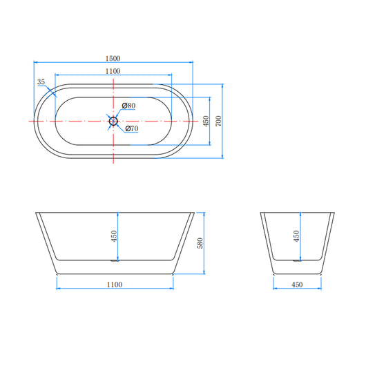 Vasca da Bagno a Isola Freestanding in Acrilico da 150x70x58 cm, Colore Bianco, Forma Ovale