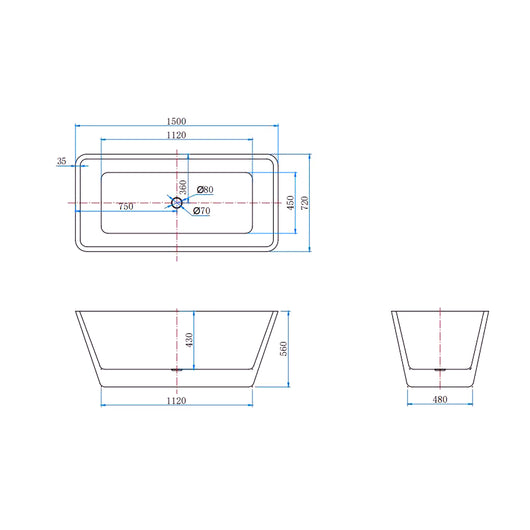 Vasca da Bagno a Isola Freestanding in Acrilico da 150x72x56 cm, Colore Bianco, Forma Rettangolare