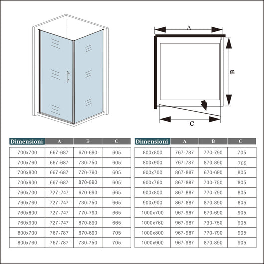 195cm Box Doccia Angolare Porta Battente con Parete Fissa 70x70cm in Vetro Satinato 6mm Anticalcare Irreversibile