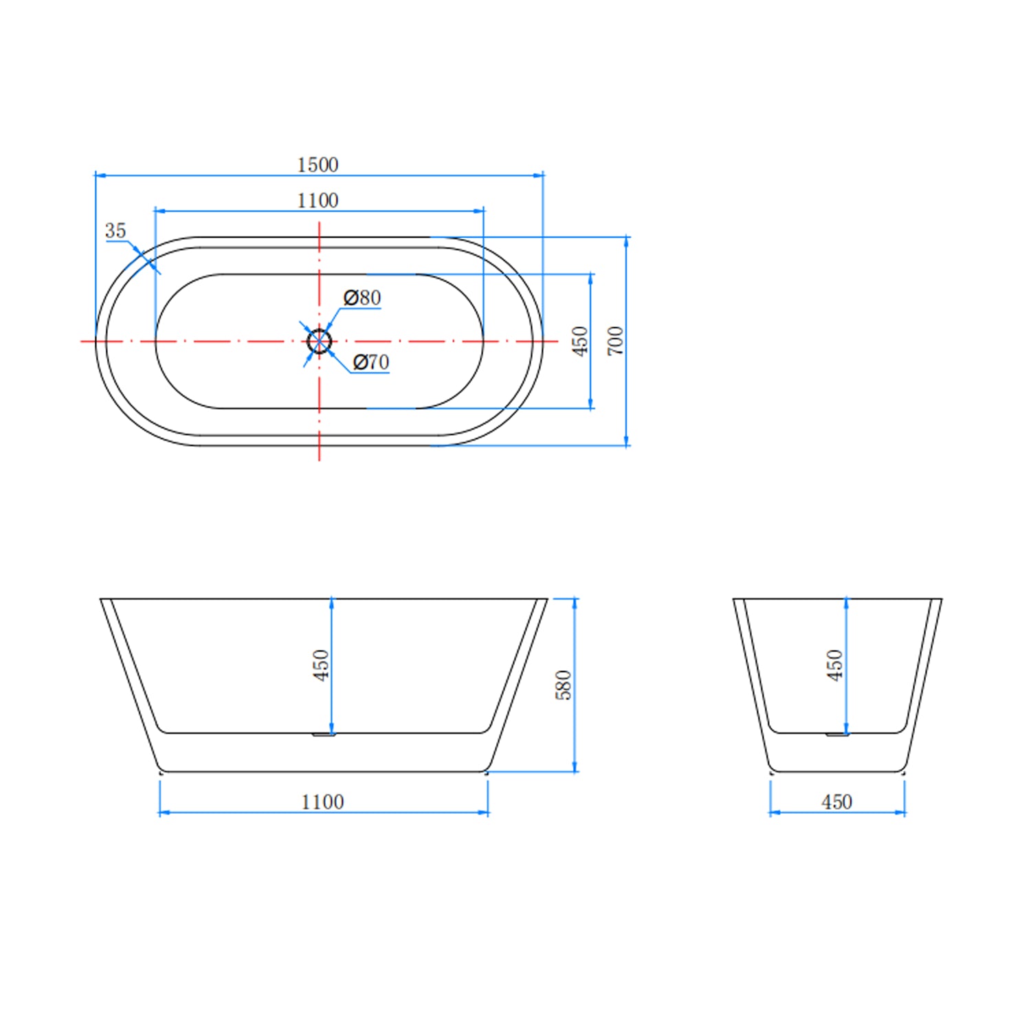 Vasca da Bagno a Isola Freestanding in Acrilico da 150x70x58 cm, Colore Bianco, Forma Ovale