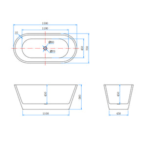 Vasca da Bagno a Isola Freestanding in Acrilico da 150x70x58 cm, Colore Bianco, Forma Ovale