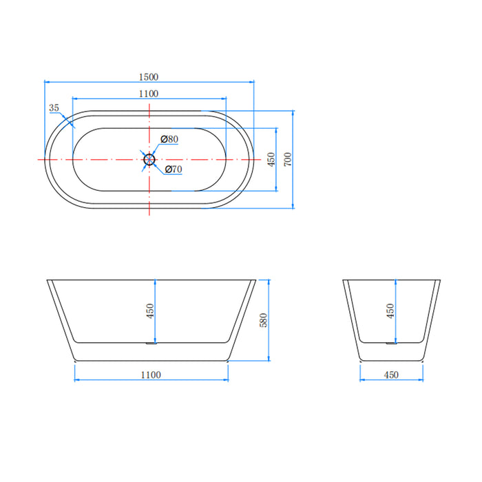 Vasca da Bagno a Isola Freestanding in Acrilico da 150x70x58 cm, Colore Bianco, Forma Ovale