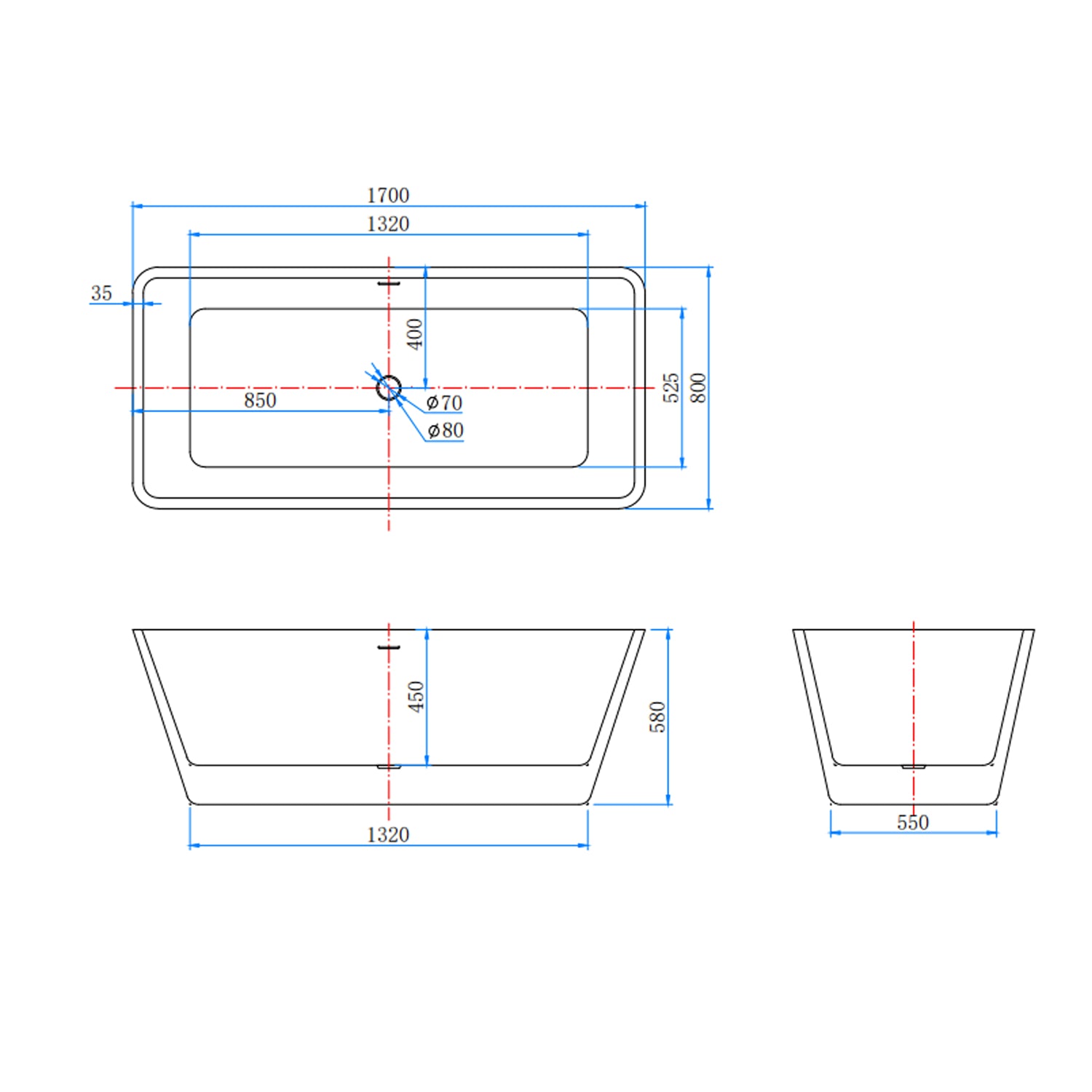 Vasca da Bagno a Isola Freestanding in Acrilico da 170x80x58 cm, Colore Bianco, Forma Rettangolare