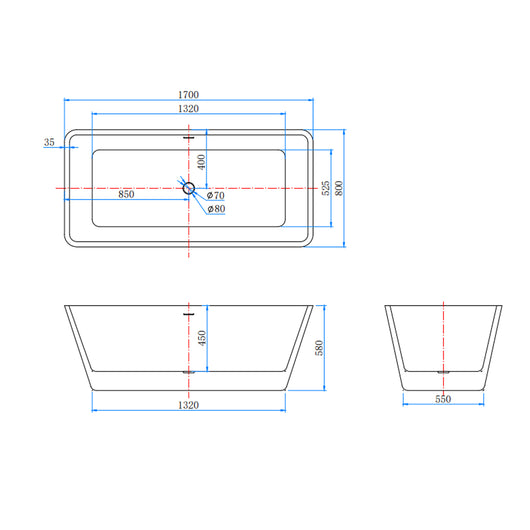 Vasca da Bagno a Isola Freestanding in Acrilico da 170x80x58 cm, Colore Bianco, Forma Rettangolare