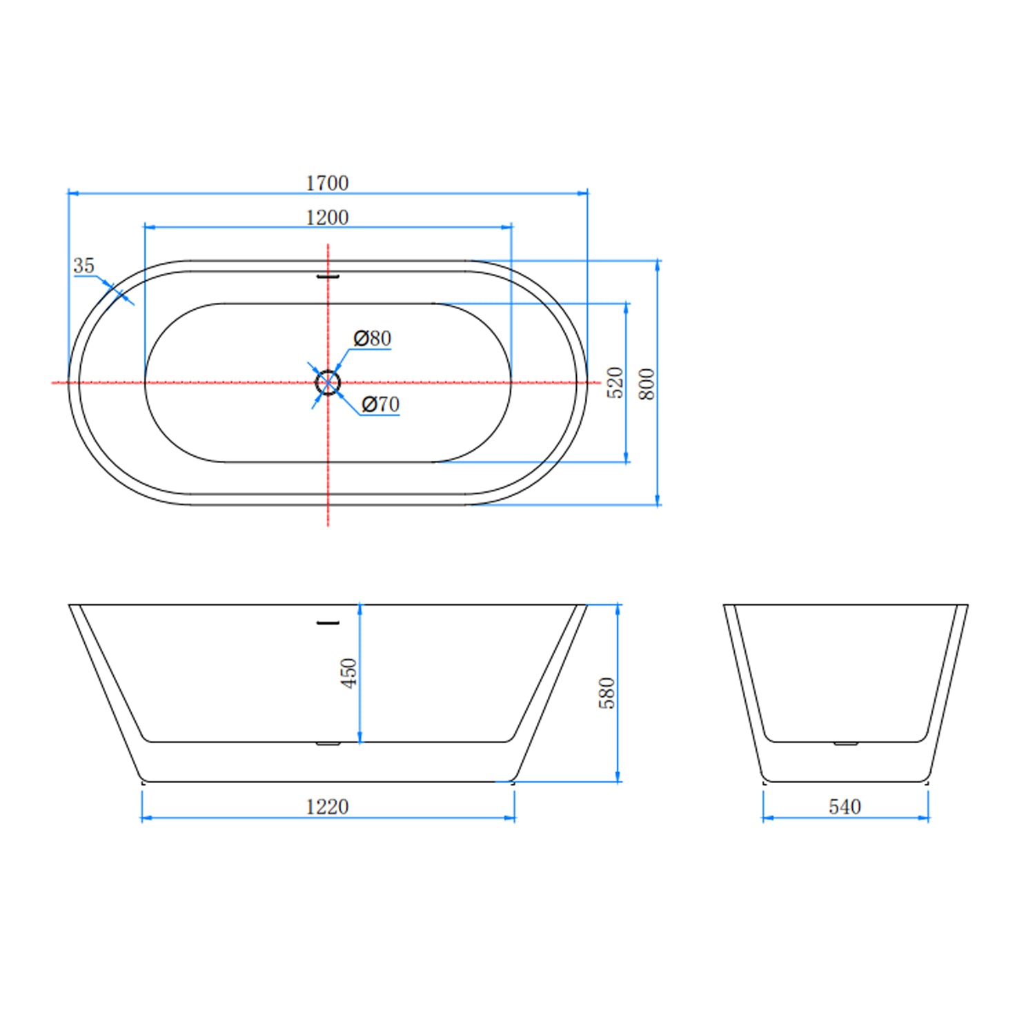 Vasca da Bagno a Isola Freestanding in Acrilico da 170x80x58 cm, Colore Bianco, Forma Ovale