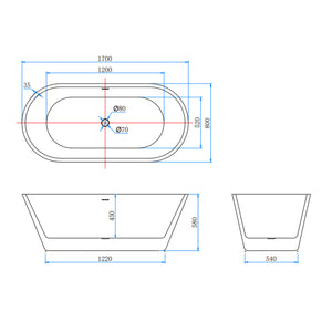 Vasca da Bagno a Isola Freestanding in Acrilico da 170x80x58 cm, Colore Bianco, Forma Ovale